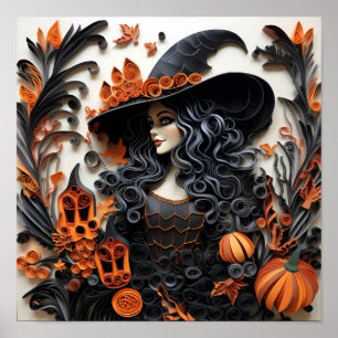 Affiche Papier Quilling Halloween sorcière imprimé
