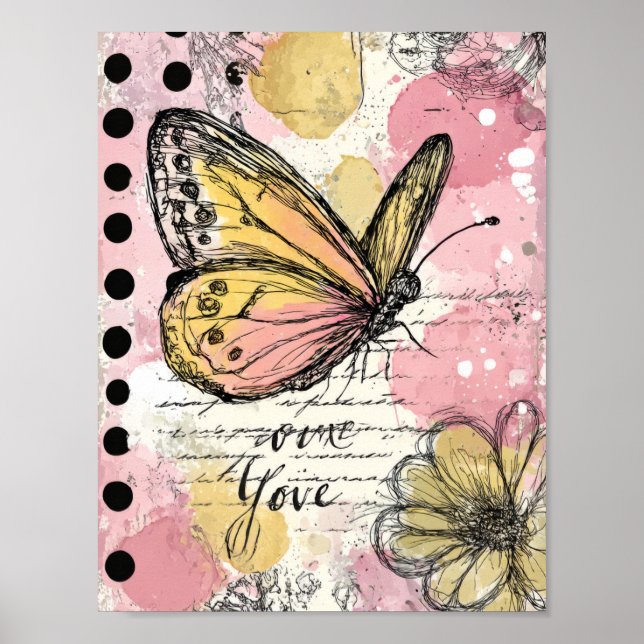 Affiche Papillon à l'aquarelle Rose Or Art Boho Nature (2) (Devant)