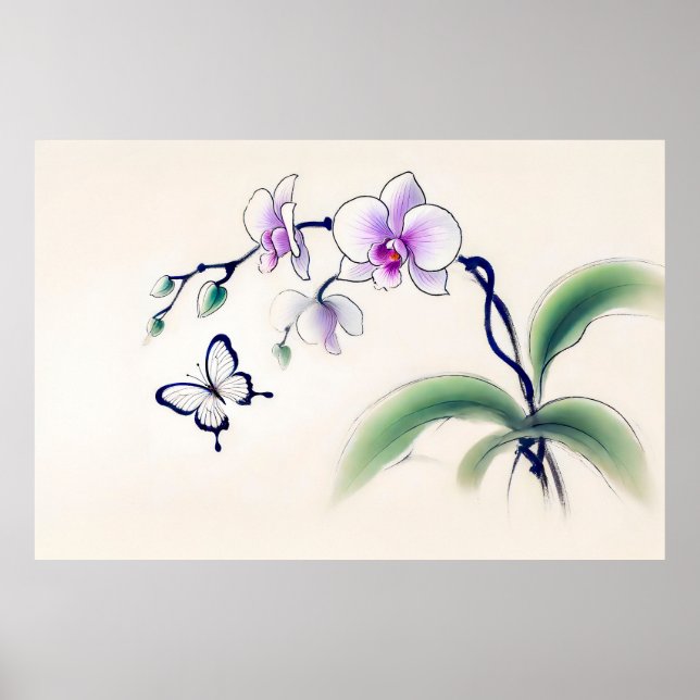 Affiche Papillon à l'encre chinoise sur orchidée (Devant)
