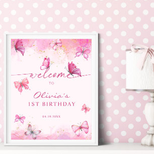 Affiche Papillon Anniversaire Rose & Or Poussière Bienvenu