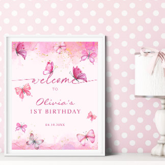 Affiche Papillon Anniversaire Rose & Or Poussière Bienvenu