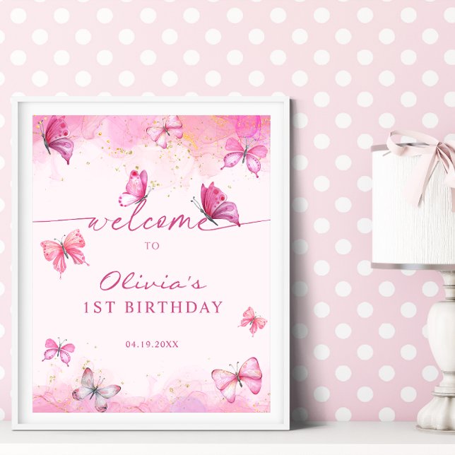 Affiche Papillon Anniversaire Rose & Or Poussière Bienvenu (Créateur téléchargé)