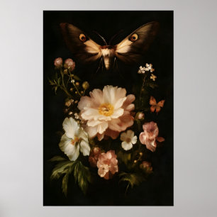 Affiche Papillon Antique Art Floral Foncé Moth Botanique