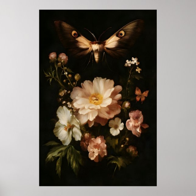 Affiche Papillon Antique Art Floral Foncé Moth Botanique (Devant)