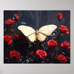 Affiche Papillon au repos parmi des roses rouges vibrantes