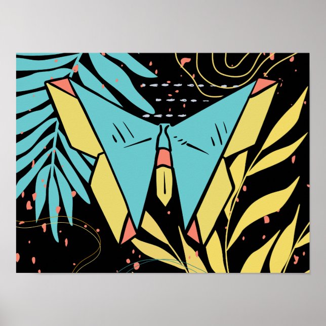 Affiche Papillon aux fleurs colorées Abstrait et Doodle Na (Devant)