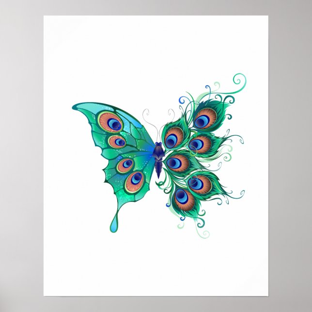Affiche Papillon aux plumes de paon vert (Devant)