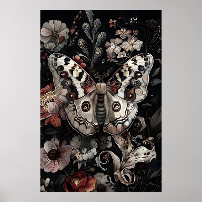 Affiche Papillon blanc dans un jardin de fleurs sombres, p (Devant)