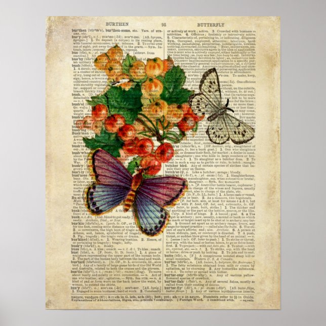 Affiche Papillon bleu aux fleurs rouges Art Vintage (Devant)