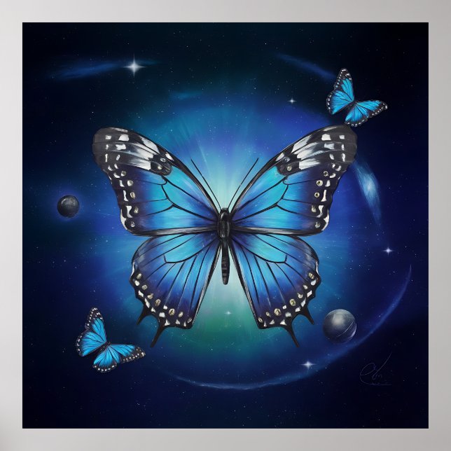 Affiche Papillon bleu avec étoiles et planètes ... (Devant)