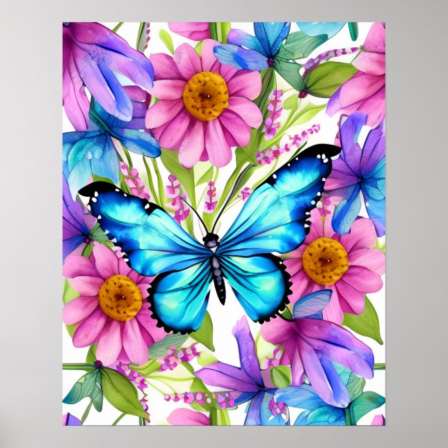 Affiche Papillon bleu dans un champ de fleurs (Devant)