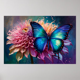 Affiche Papillon bleu et Dahlia