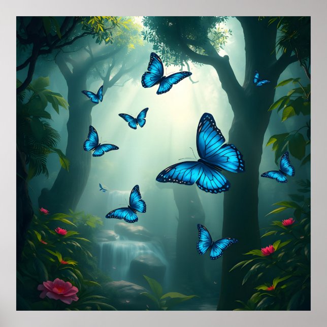 Affiche Papillon bleu morpho dans la forêt tropicale (Devant)