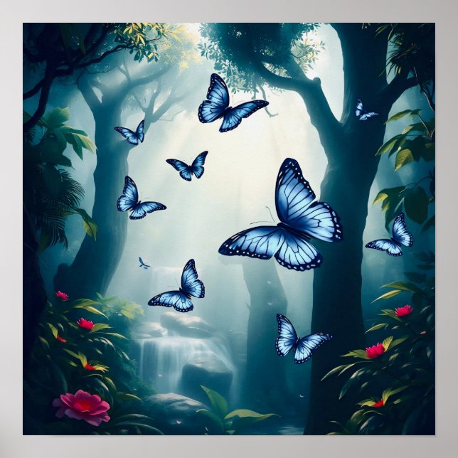Affiche Papillon bleu morpho dans la forêt tropicale (Devant)