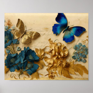 Affiche Papillon bleu vintage et Papillon d'or découpage T