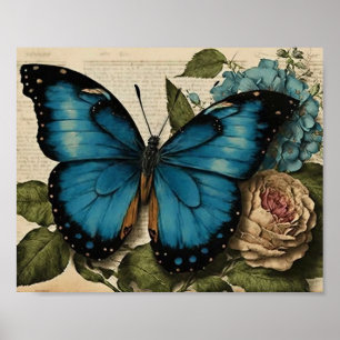 Affiche Papillon bleu vintage Rose Rose bleu Hydrangea