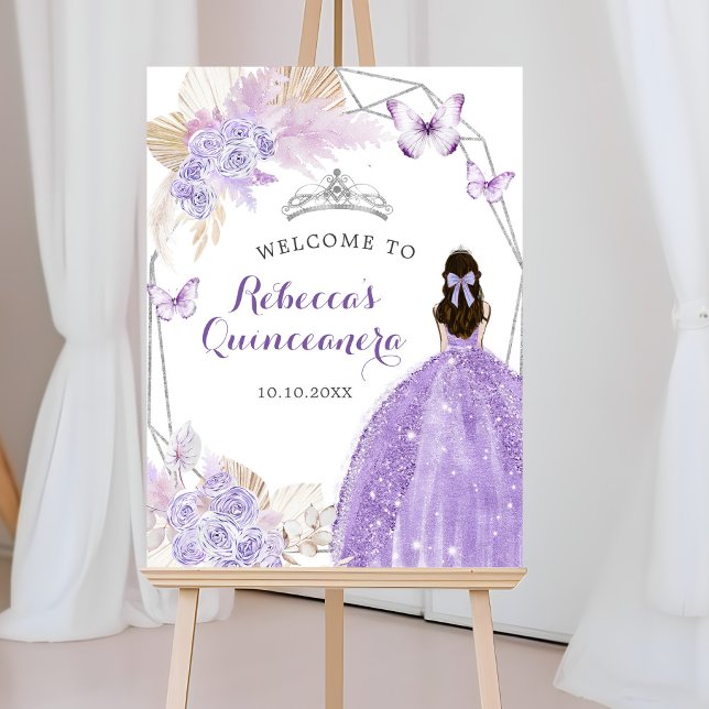 Affiche Papillon Boho en argent violet Quinceañera Bienven (Créateur téléchargé)