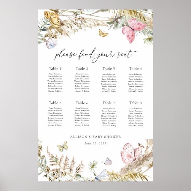 Affiche Papillon Boho sur le chemin Baby Seating Chart (Devant)