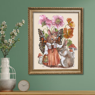 Affiche Papillon Bunnerfly et Lapin - Art aquarelle fantai