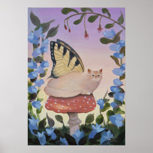 Affiche Papillon Chat sur Mur Champignon Art (Devant)