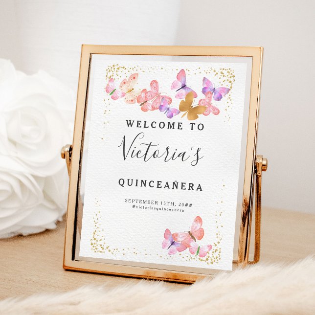 Affiche Papillon Ciel Coral Gold Papillons de bienvenue (Welcome Poster from my Butterfly Skies Quinceanera collections - order printed or digital)
