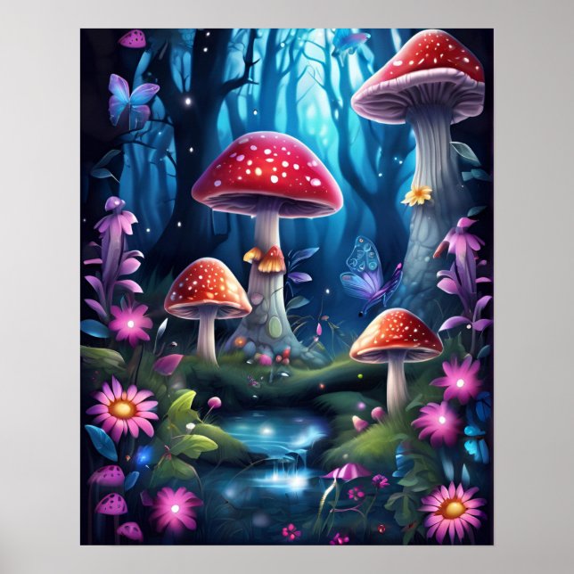 Affiche Papillon de champignons Forêt enchantée BLEU THÈME (Devant)
