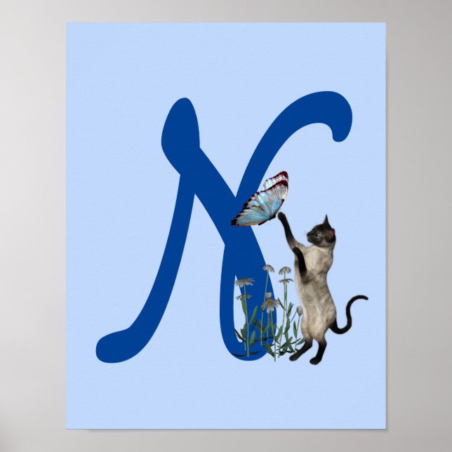 Affiche Papillon de chat siamois mignon monogramme initial (Devant)
