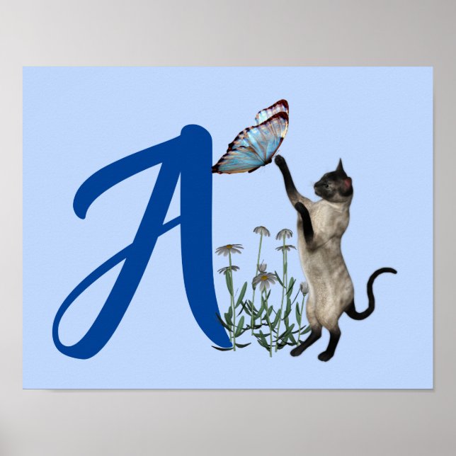 Affiche Papillon de chat siamois mignon monogramme initial (Devant)