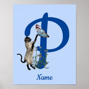 Affiche Papillon de chat siamois Monogramme Initiale P Nom