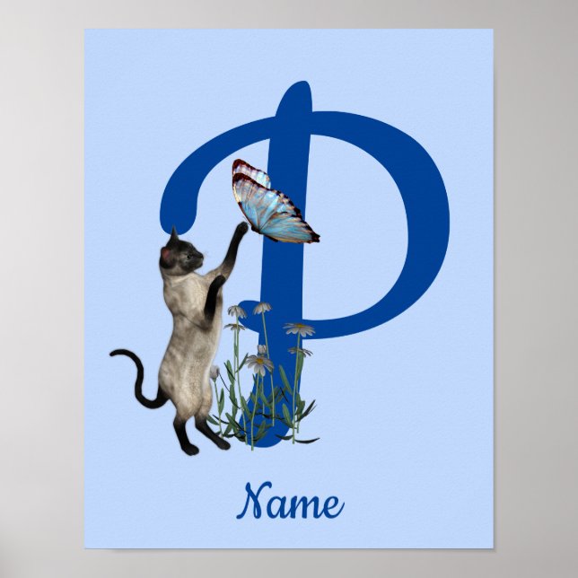 Affiche Papillon de chat siamois Monogramme Initiale P Nom (Devant)