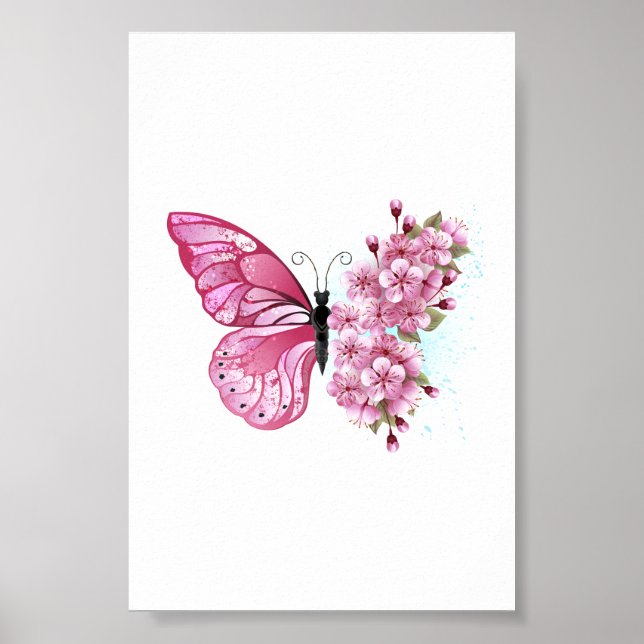 Affiche Papillon de Fleur avec Sakura Rose (Devant)