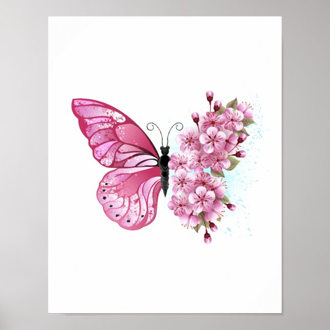 Affiche Papillon de Fleur avec Sakura Rose (Devant)