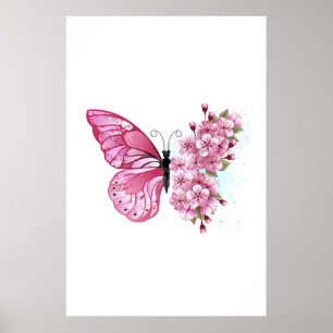 Affiche Papillon de fleurs avec Sakura rose
