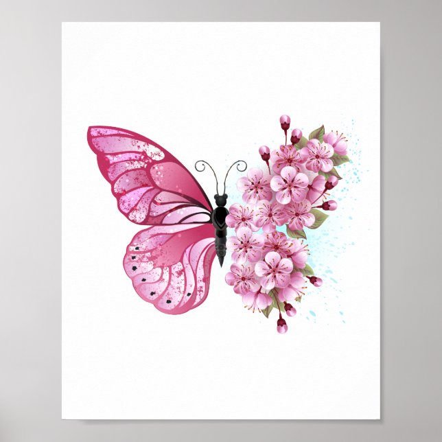 Affiche Papillon de fleurs avec Sakura rose (Devant)