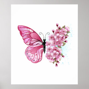 Affiche Papillon de fleurs avec Sakura rose