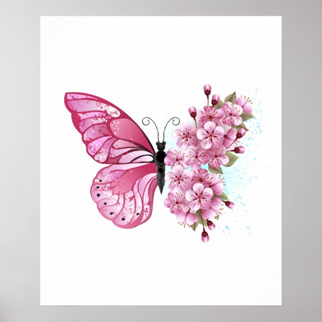 Affiche Papillon de fleurs avec Sakura rose (Devant)