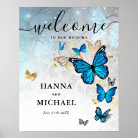 Papillon de mariage de bienvenue or et bleu