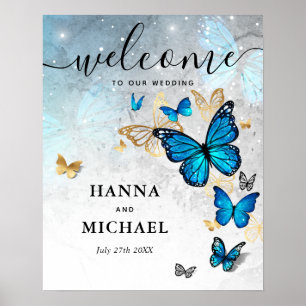 Affiche Papillon de mariage de bienvenue or et bleu