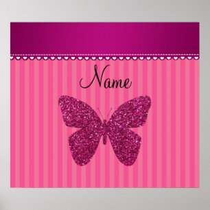 Affiche Papillon de parties scintillant rose nom personnal