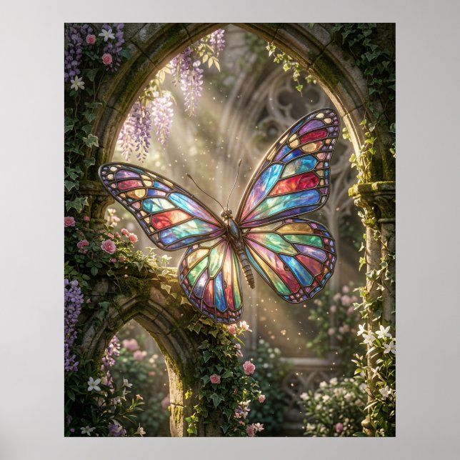 Affiche Papillon de Vitrail en Fleur (Devant)