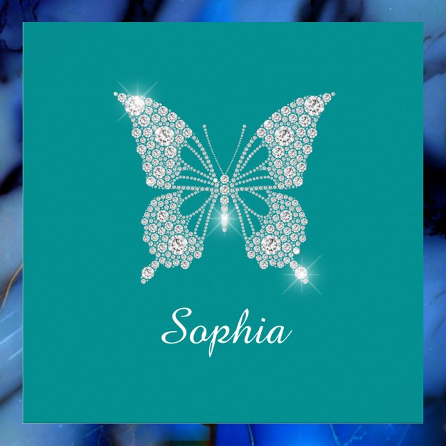 Affiche Papillon Diamant Blanc, Nom de Script, Turquoise P (Créateur téléchargé)