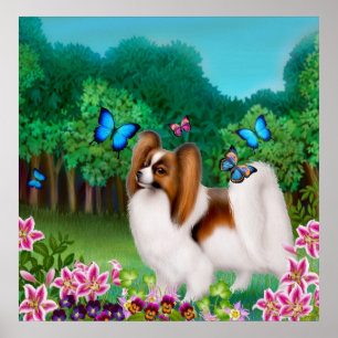 Affiche Papillon Dog in Garden Imprimer