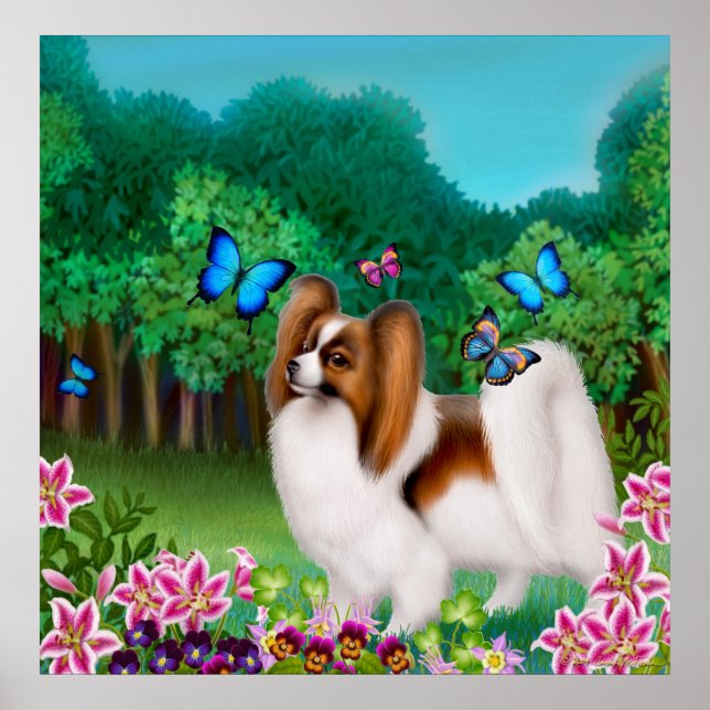 Affiche Papillon Dog in Garden Imprimer (Devant)