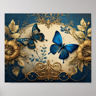 Affiche Papillon doré or et bleu Decoupage