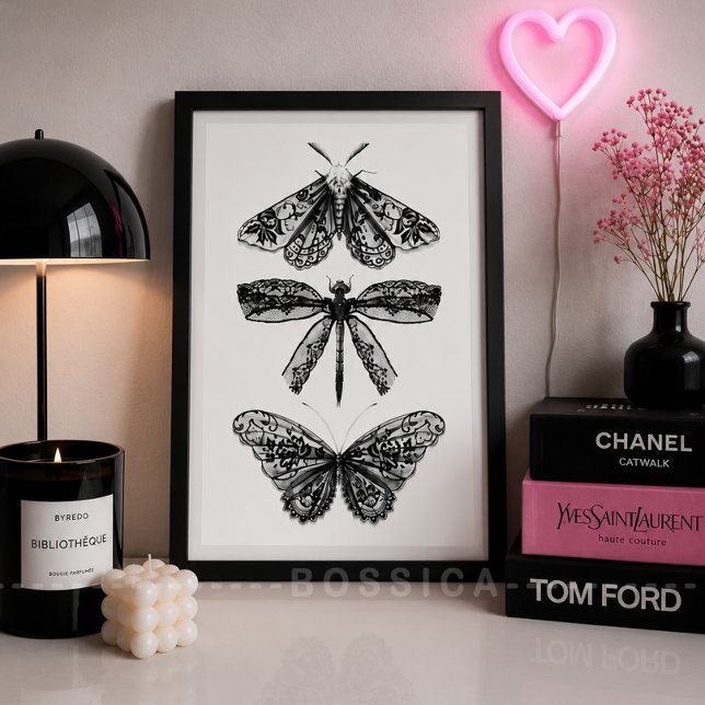 Affiche Papillon Dragonfly & Moth Noir & Blanc (Vintage Insect Gallery Wall Art Poster | Black & White Butterfly, Dragonfly & Moth Print )