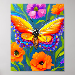 Affiche Papillon entouré de fleurs