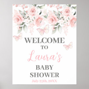 Affiche Papillon et Baby shower floral rose Panneau de bie