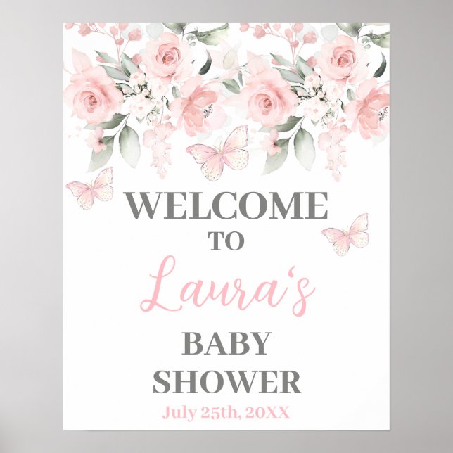 Affiche Papillon et Baby shower floral rose Panneau de bie (Devant)