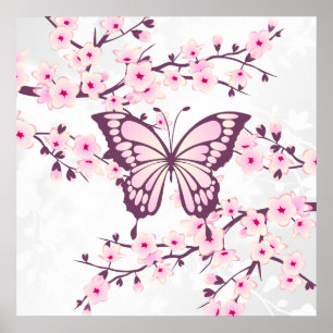 Affiche Papillon Et Fleur De Cerise Rose Blanc