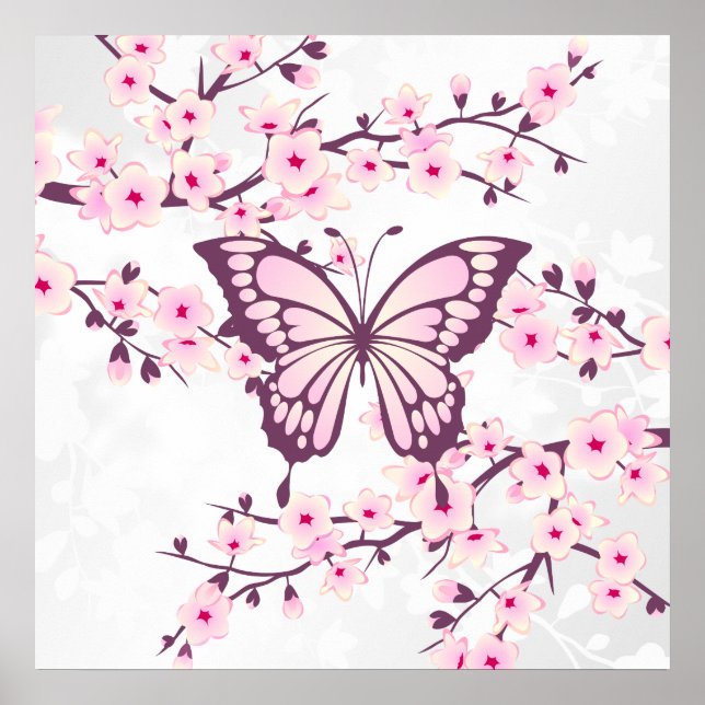 Affiche Papillon Et Fleur De Cerise Rose Blanc (Devant)